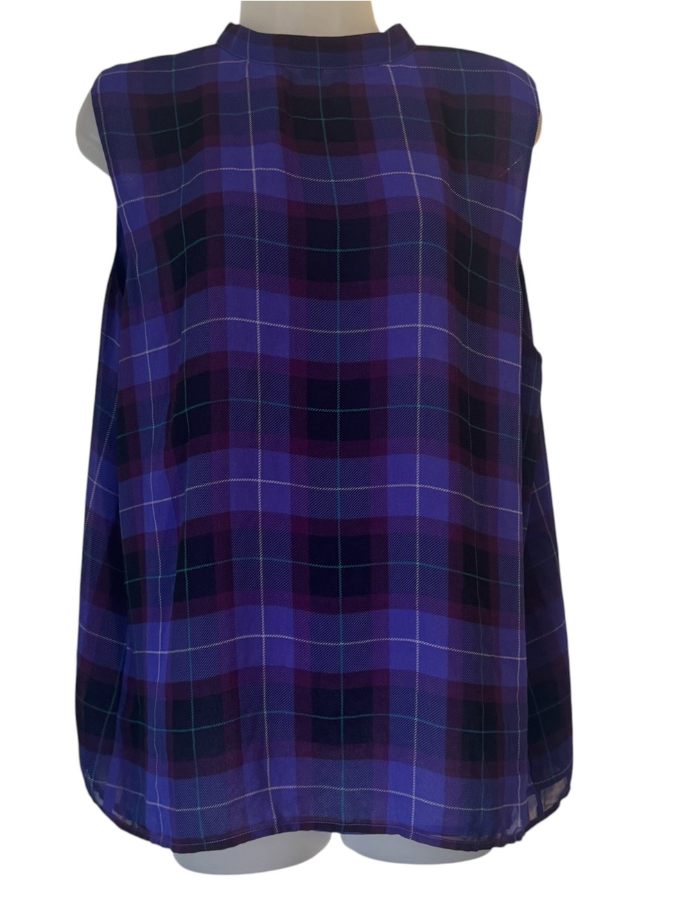 ANN TAYLOR Ruffle Front Purple/Black Plaid Sleeveless Blouse  XLARGE     #C - Picture 4 of 7